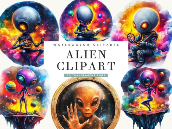 Download Watercolor Alien Clipart Bundle - Alien Collection